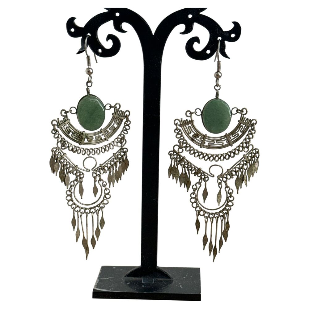 Tribal Statement Earrings Green Stone Dangles Boho Festival Jewelry